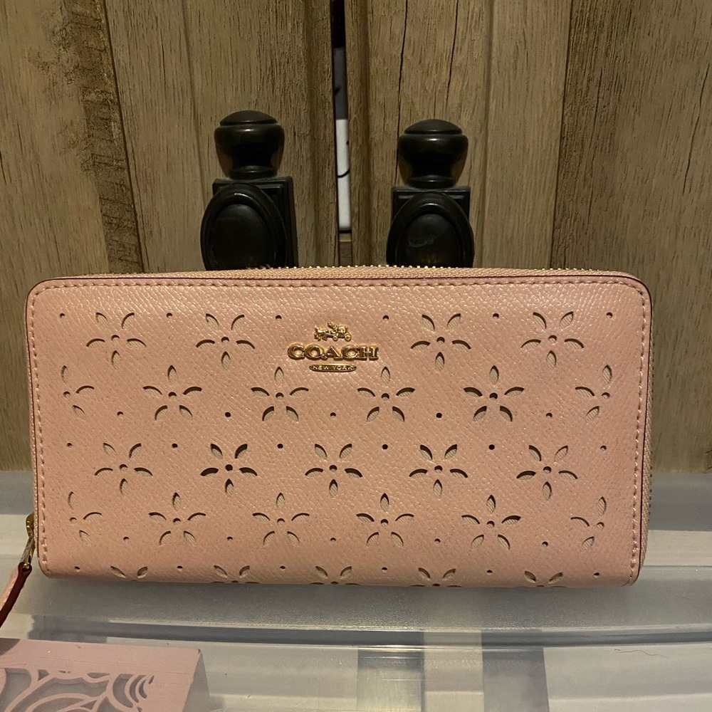 Coach Etched Floral Long Zip Around Wallet